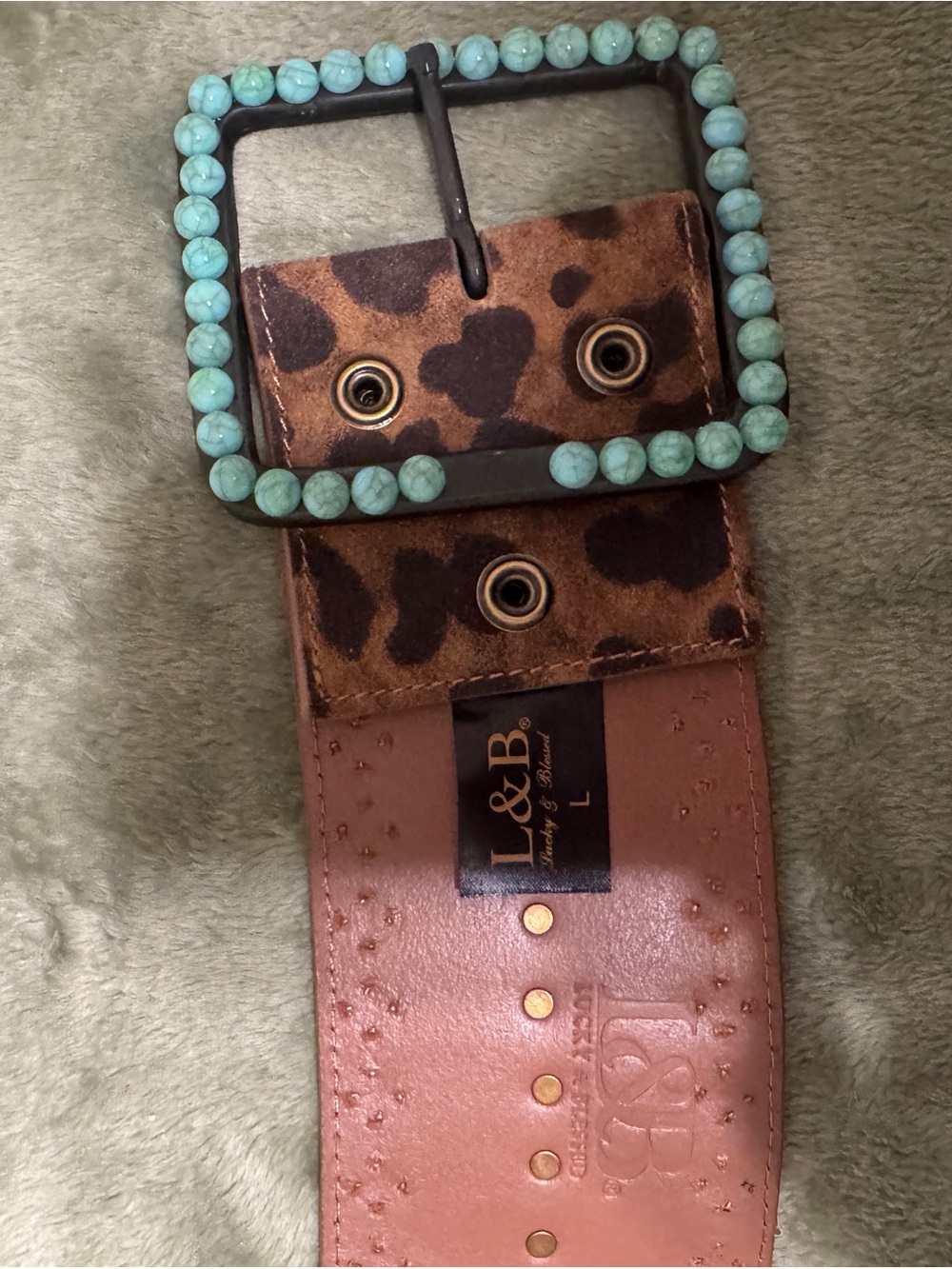 L&B Brown Leopard Print Leather Belt with Turquoise Beaded Buckle